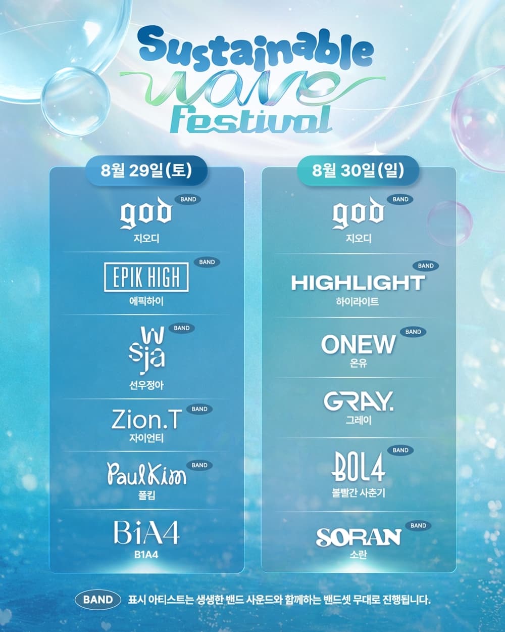 god, 에픽하이, 하이라이트 등 '서스테이너블 웨이브 페스티벌 2026' 라인업 공개